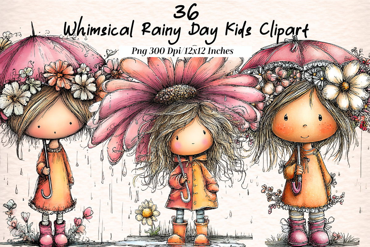 Whimsical Rainy Day Kids Clipart, an Illustration by Digital Artistic99 (Photo 1 of 11)