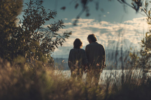Couple walks by the water at sunset, a Photo by Beautiful things