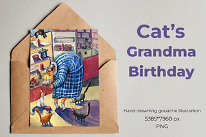Cat's Grandma Birthday - gouache art