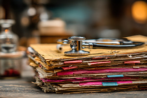 Stethoscope on Aged Medical Records, a Photo by Pixeness Studio