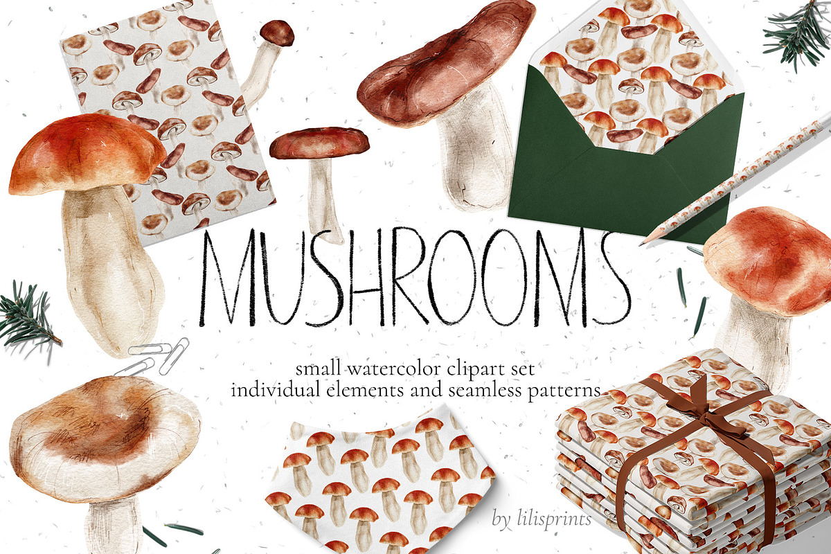 Watercolor mushrooms - fall clipart, an Illustration by lilisprints (Photo 1 of 3)