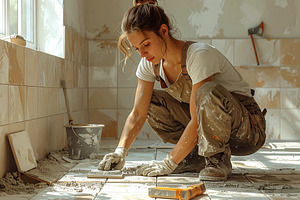Woman tile mason working inside a modern home, a Person Photo by DanFLCreativo