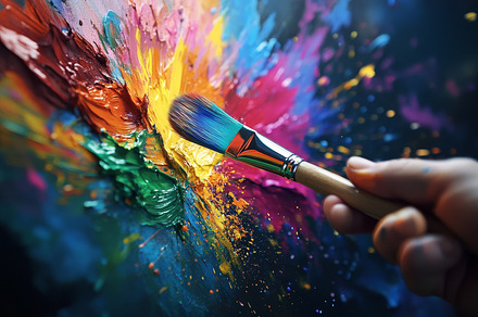 Hand holding paintbrush creating colorful abstract artwork, an Abstract Photo by Natalia Klenova's Shop
