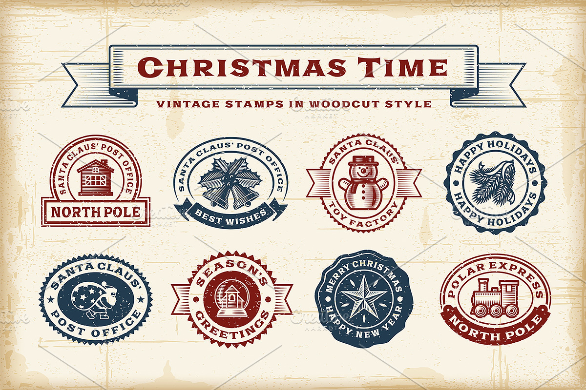 Vintage Christmas Stamps Set, a Texture Illustration by Retro Graphics