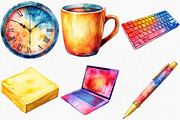 Watercolor Office Time Clipart, an Illustration by Canvas Craft (Thumbnail 3 of 7)