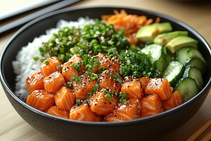 Fresh salmon poke bowl served with r, a Photo by Tanuart