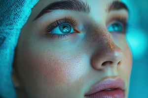 Close-up portrait of a young woman esthetic technologist with striking blue eye, a Person Photo by Textures & Backgrounds