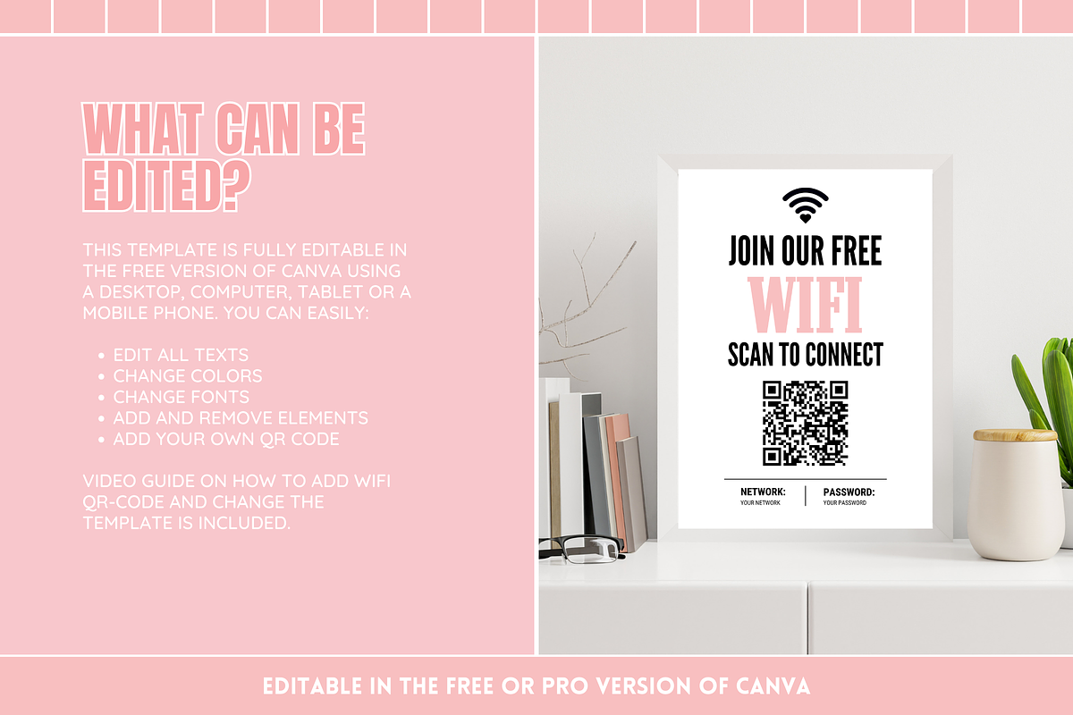 Pink & Black WiFi QR Code Sign, a Stationery Template by SunshineStudioBoutique (Photo 3 of 10)