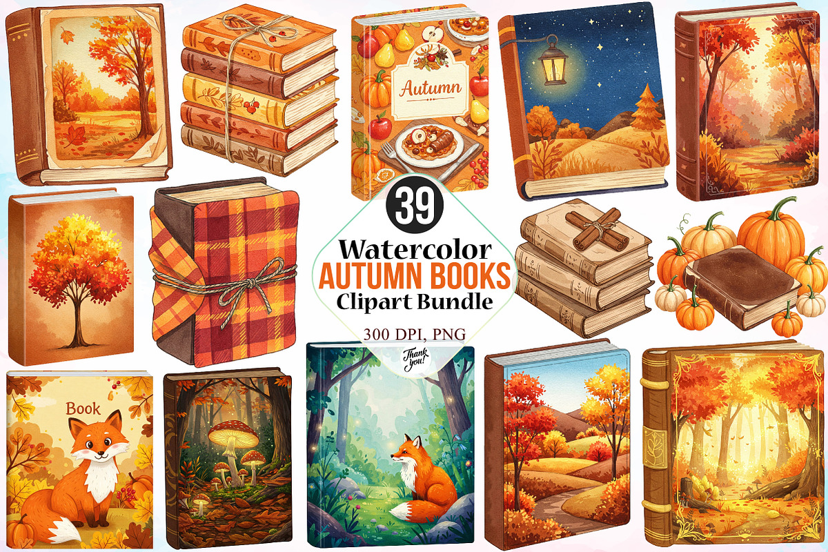 Watercolor Autumn Books Clipart PNG, a Seasonal Illustration by Canvas Craft (Photo 1 of 5)