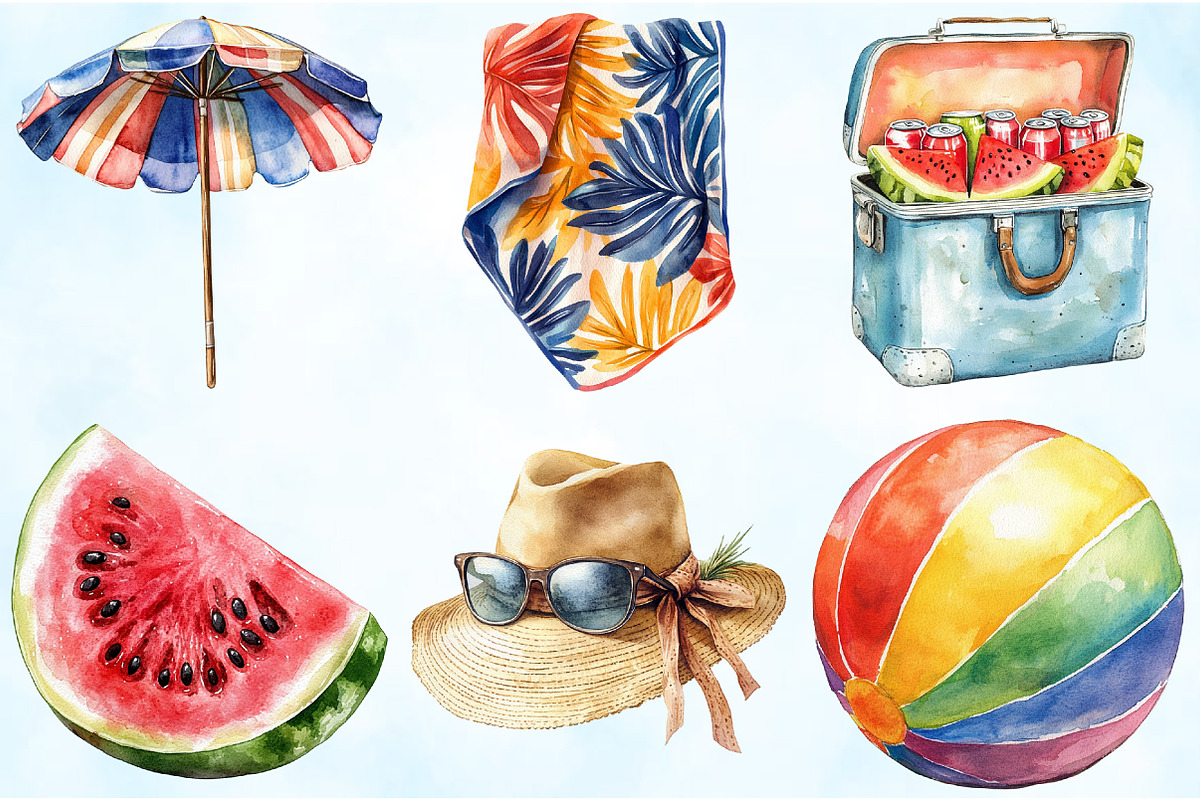 Watercolor Summer Vacation Clipart, an Illustration by Craft Nest (Photo 2 of 9)