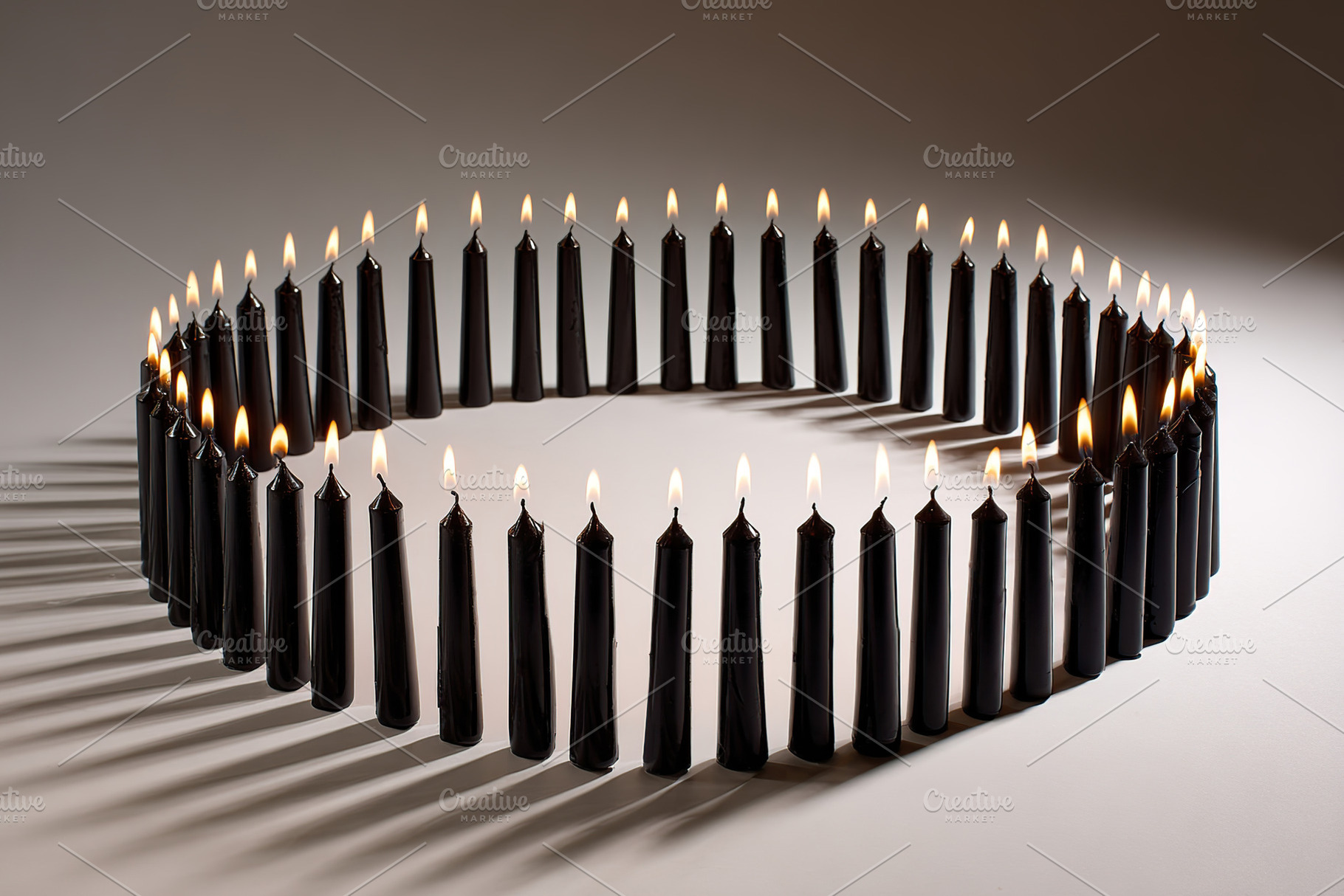 Black candles arranged in a circular pattern creating a serene atmosphere, a Photo by AlyaAnd