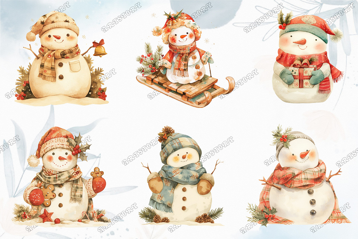 Watercolor Christmas Snowman Clipart, an Illustration by designcity5 (Photo 3 of 5)