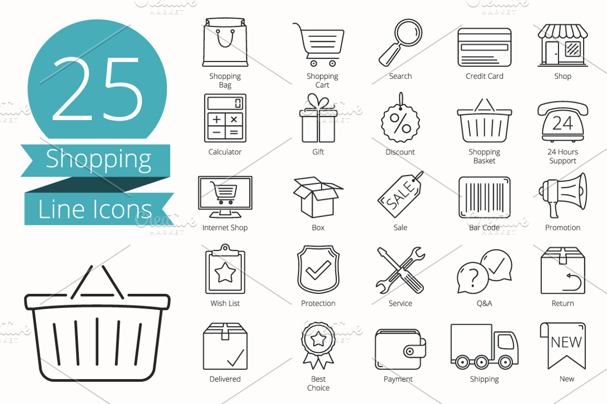 25 Shopping Line Icons, an Outline Icon by PixMarket