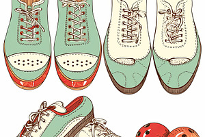 Illustration of bowling shoes and balls in a hand-drawn artistic style, a Photo by AS photostudio