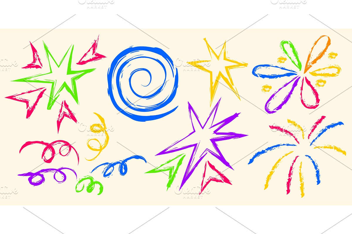 Crayon doodle fireworks set, an Object Illustration by art PVP - market