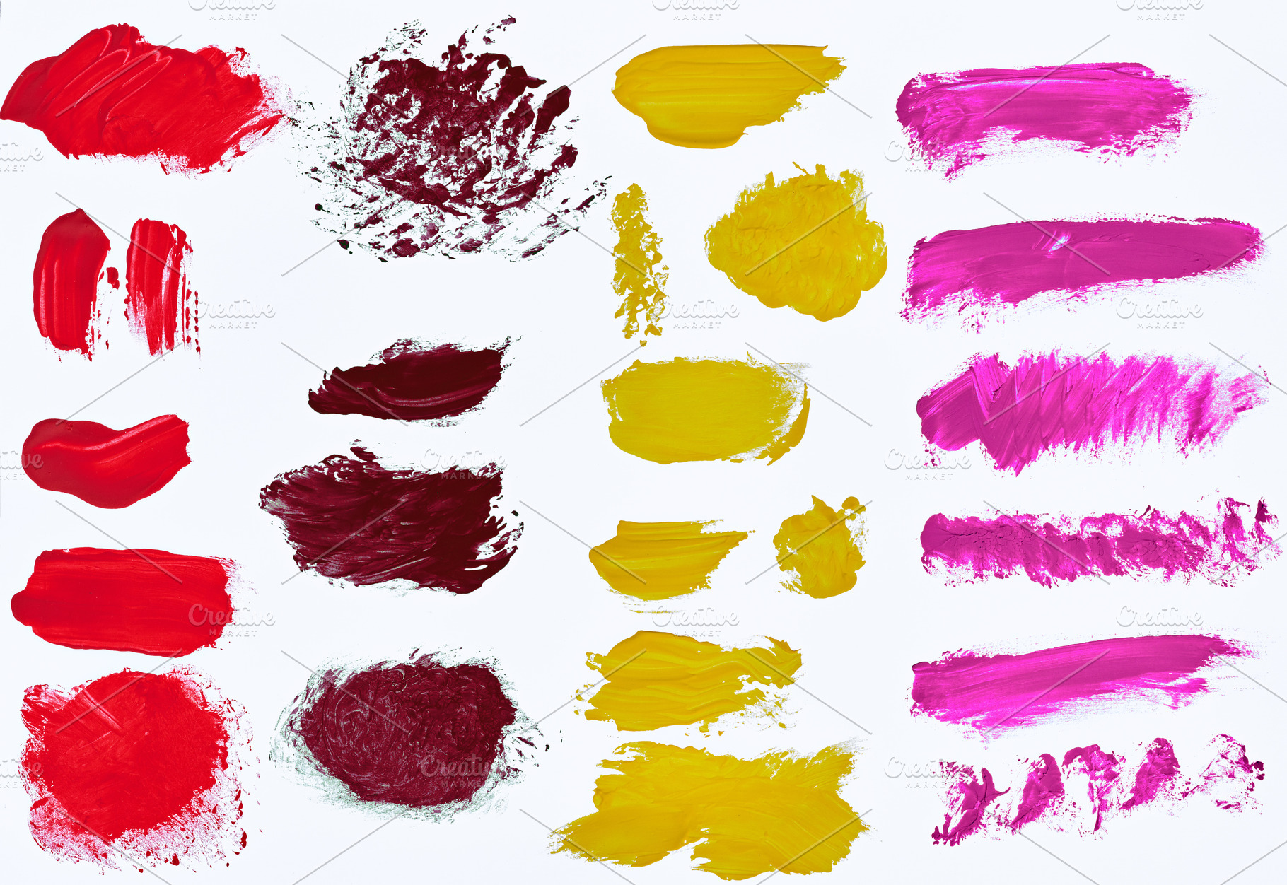 A vibrant set of oil paint strokes in red, burgundy, yellow, and, a Photo by ndanko