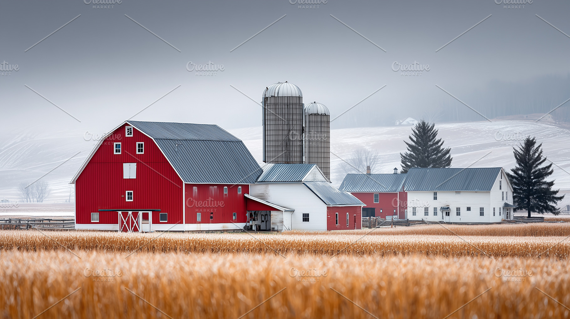 Traditional red barn with silos and, an Architecture Photo by MistyDay