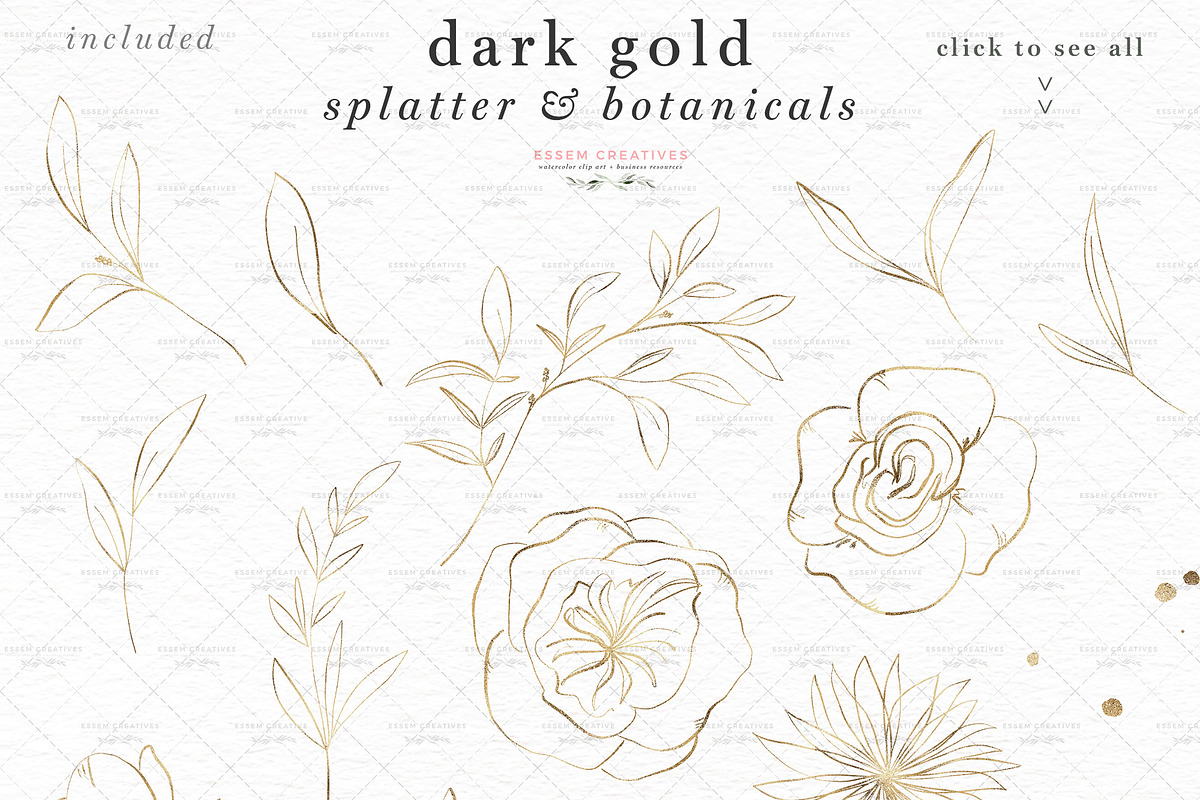 Gold Ink Line Art Botanical Splatter, an Illustration by Essem Creatives
