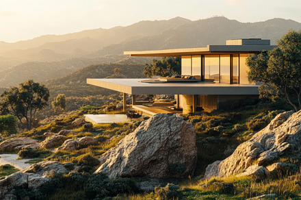 Modern Luxury House in Mountains at Sunset with Panoramic Views, an Abstract Photo by Natalia Klenova's Shop