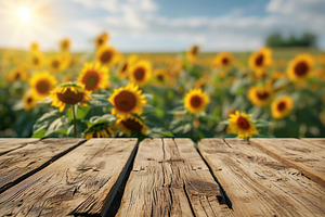Empty wooden board on sunflowers field background, a Nature Photo by AlyaAnd