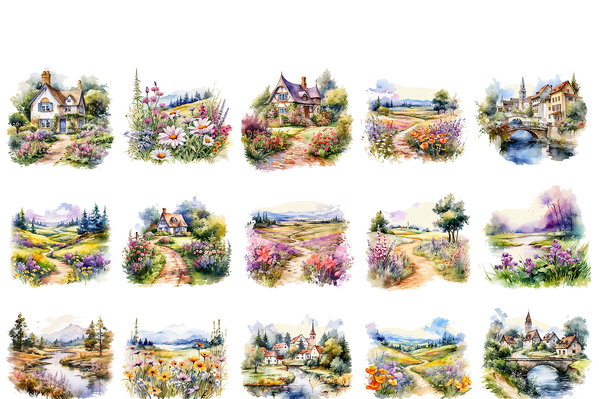 watercolor miniature landscape PNG, a Seasonal Illustration by Bubert Art (Photo 7 of 10)