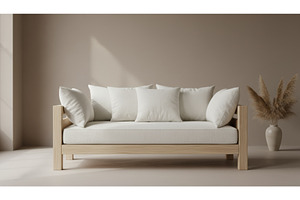 A minimalist wooden frame sofa with, a Background Photo by Igor Tichonow