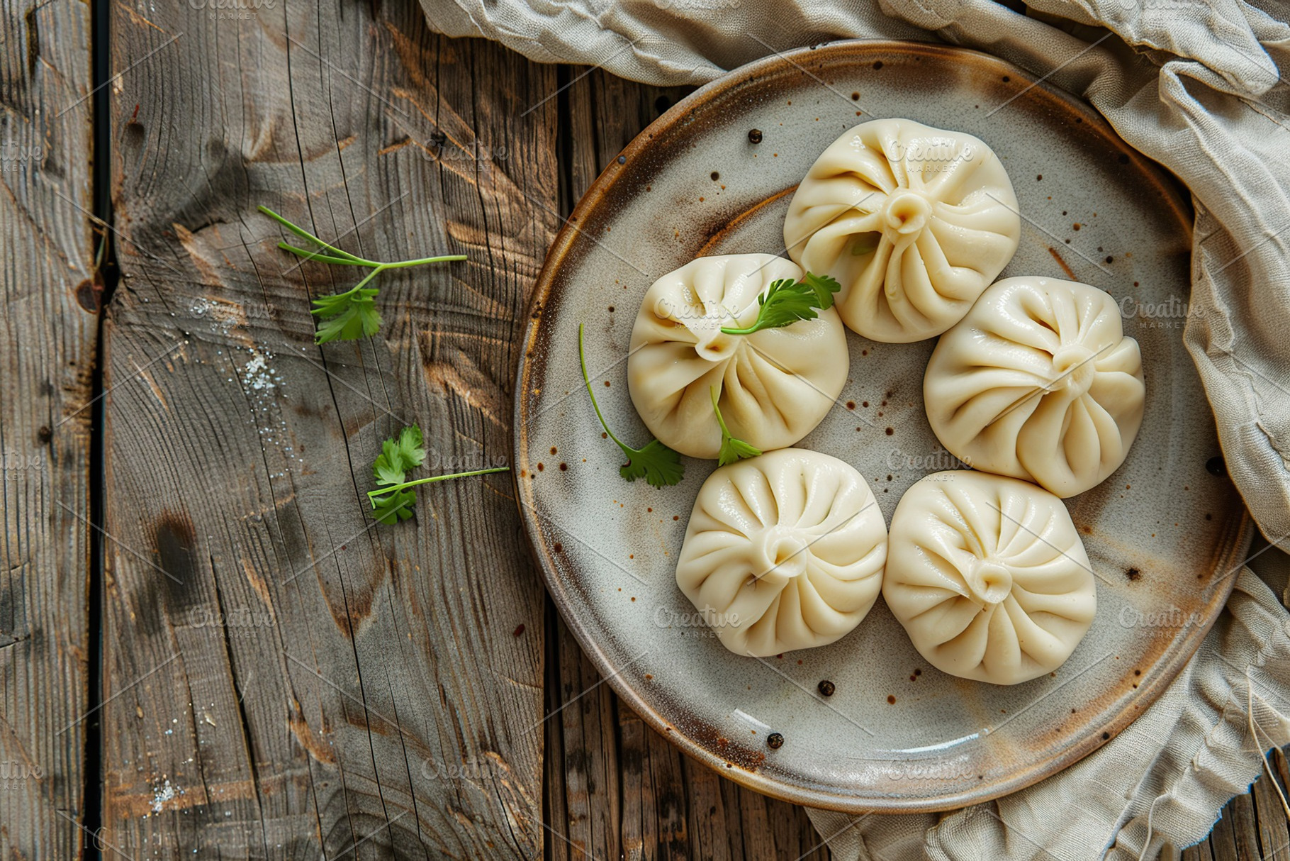 Homemade meat khinkali in plate on wooden table, a Food & Drink Photo by AlyaAnd