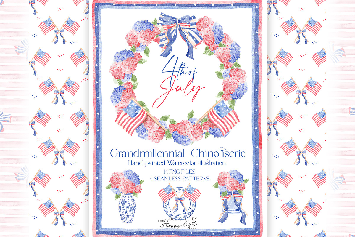 4th of July Watercolor Clipart, an Illustration by TheHappyGiftArt (Photo 1 of 9)