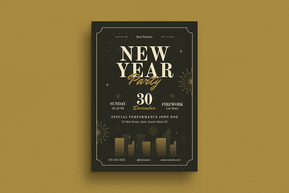 Black Modern New Year Party Flyer, a Flyer Template by VectorVactory (Photo 1 of 3)