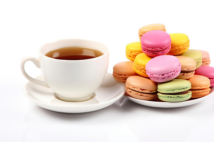 Colorful macarons with cup of tea on white background, a Food & Drink Photo by AlyaAnd