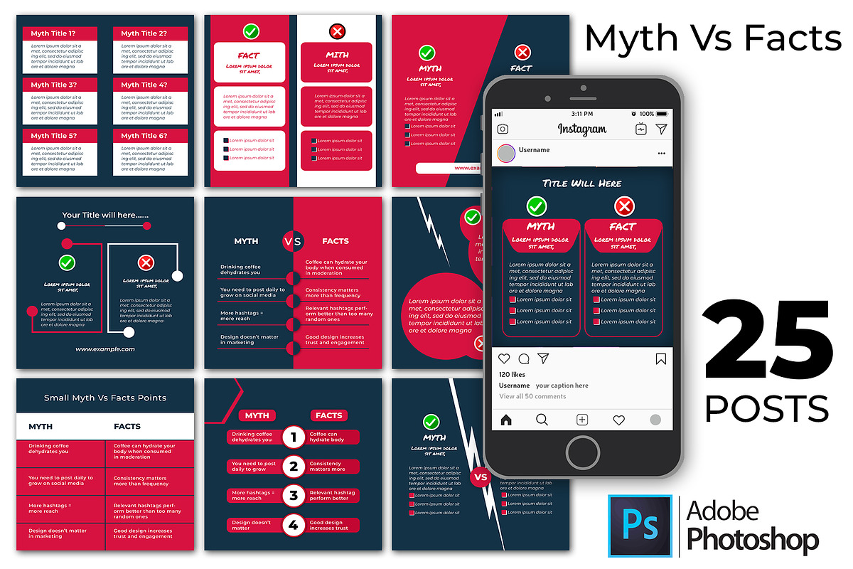 Myth vs Facts | 25 Instagram Posts, a Social Media Template by Mohammad Sarfaraz (Photo 1 of 4)