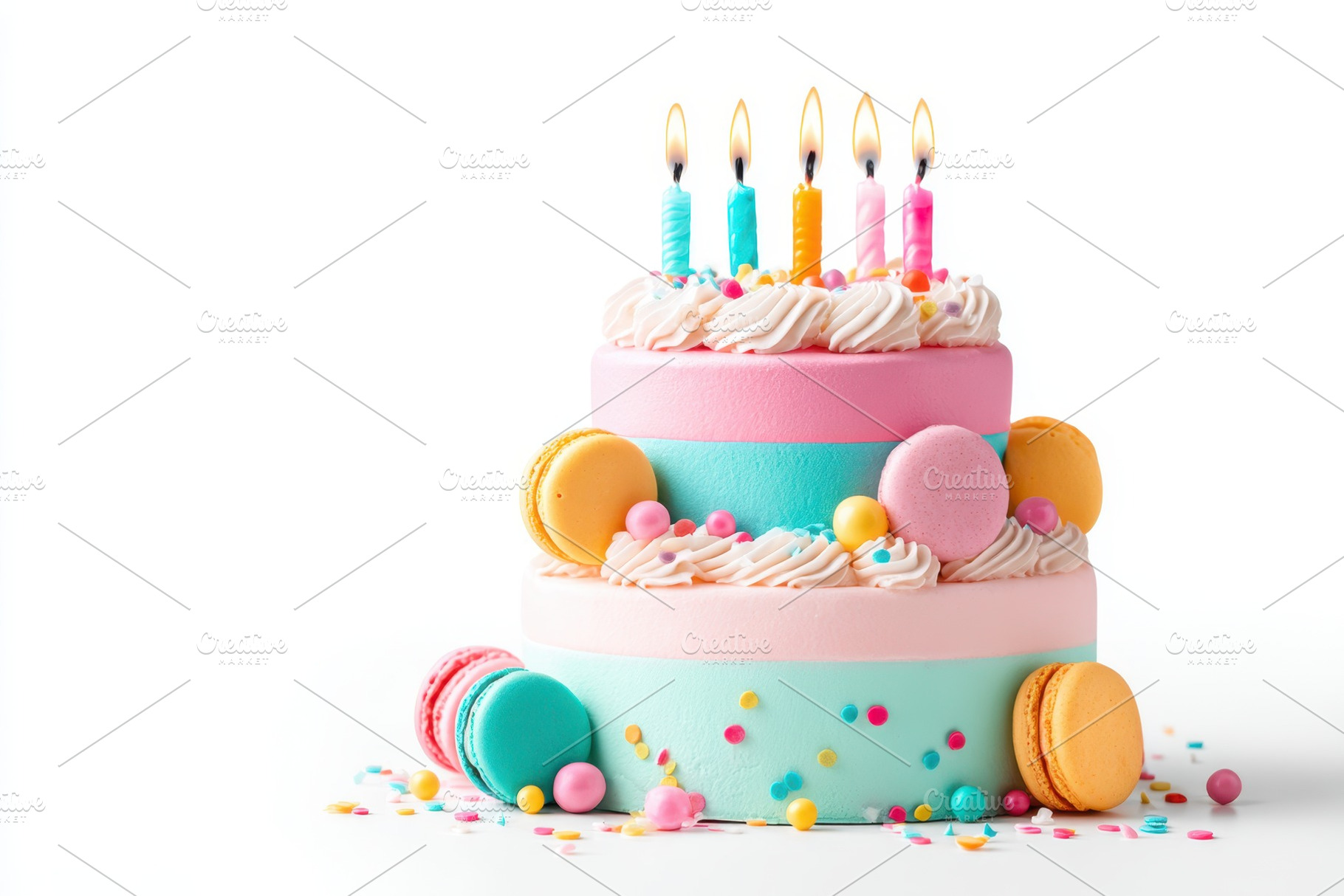 Pastel birthday cake with candles and macarons, a Food & Drink Photo by AlyaAnd