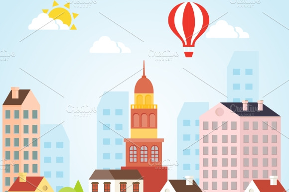 Seamless Vector Sunny Town Landscape