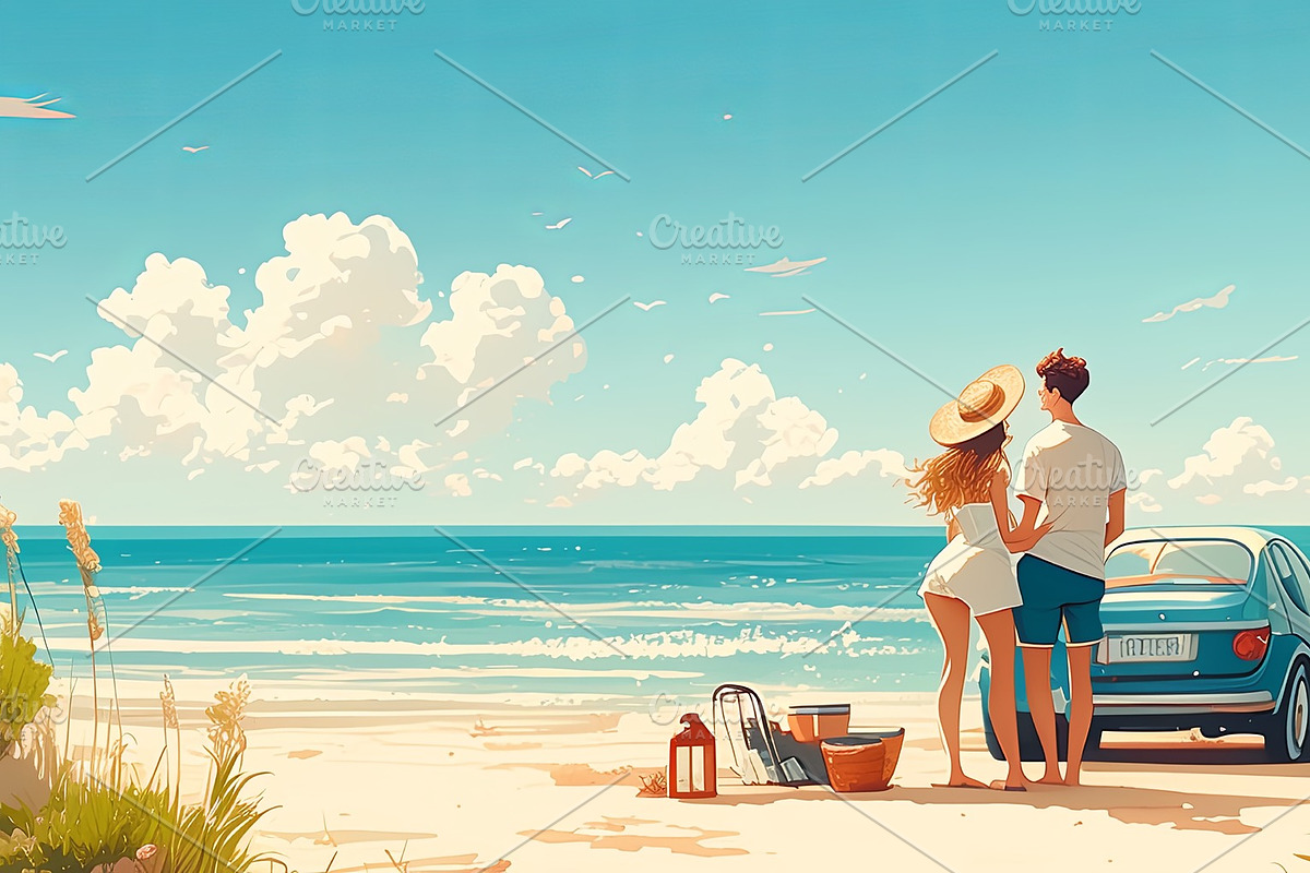 Young couple relaxing by sea with car on a sunny coastal day, an Illustration by AS photostudio