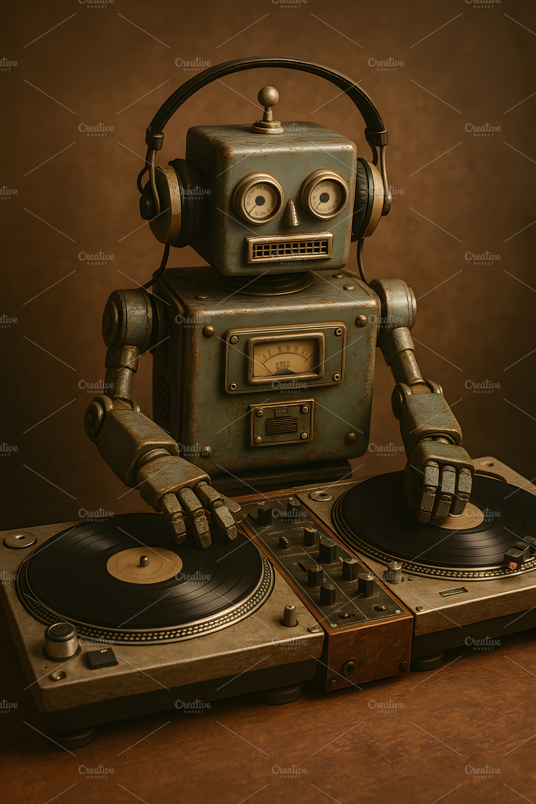 Vintage robot DJ mixing vinyl records on classic turntables, a Technology Photo by GoodGoods