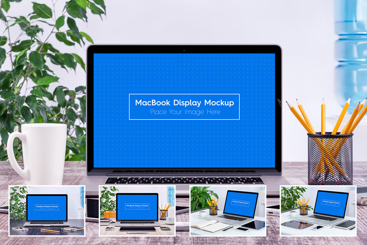 5 Workplace MacBook Display Mockups, a Mac Mockup by Textures & Backgrounds (Photo 1 of 6)