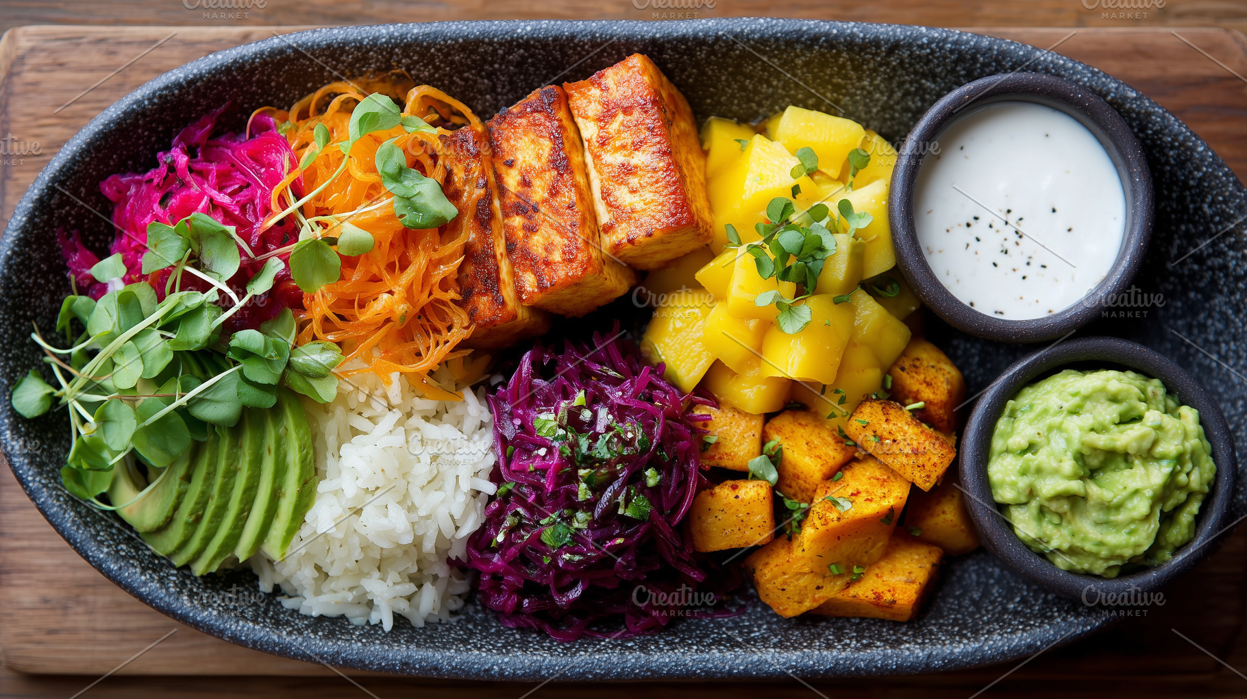 Colorful vegan bowl grilled tofu, a Food & Drink Photo by MistyDay