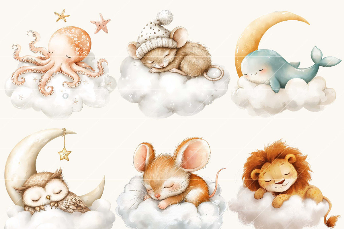 Watercolor Animals in Clouds Clipart, an Animal Illustration by SparkyDesignsUS (Photo 3 of 9)