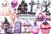 Watercolor Pink Halloween Clipart, an Illustration by Rose Art (Thumbnail 1 of 3)