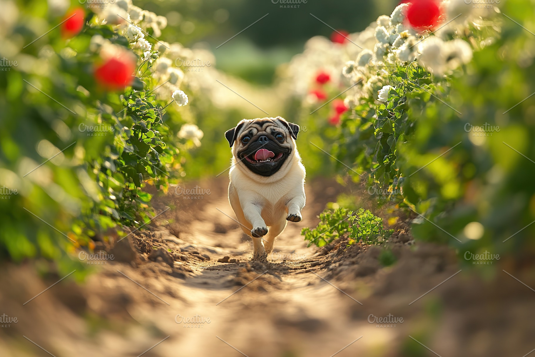 Cute pug dog running between the flower rows in the park, a Photo by AlyaAnd
