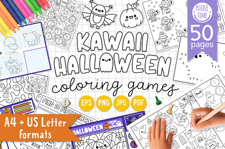 Kawaii Halloween coloring games, an Education Illustration by Lexi Claus