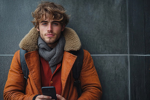 Young man in orange coat and scarf s, a Photo by Tanuart