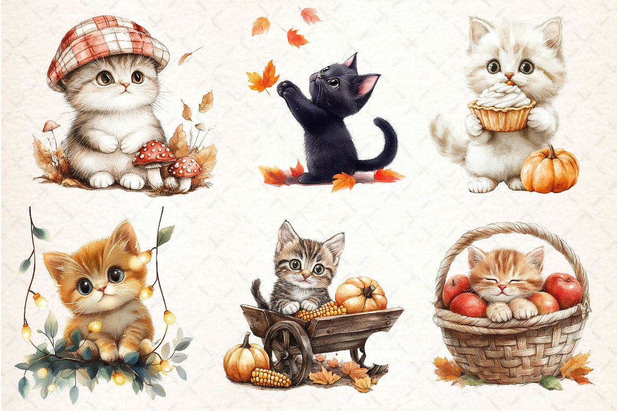 Watercolor Autumn Kitten Clipart, an Illustration by Dream Creation (Photo 5 of 6)