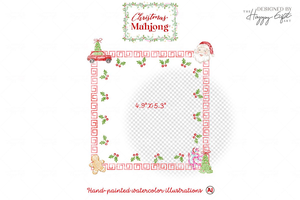 Christmas Mahjong watercolor clipart, a Seasonal Illustration by TheHappyGiftArt (Photo 5 of 8)