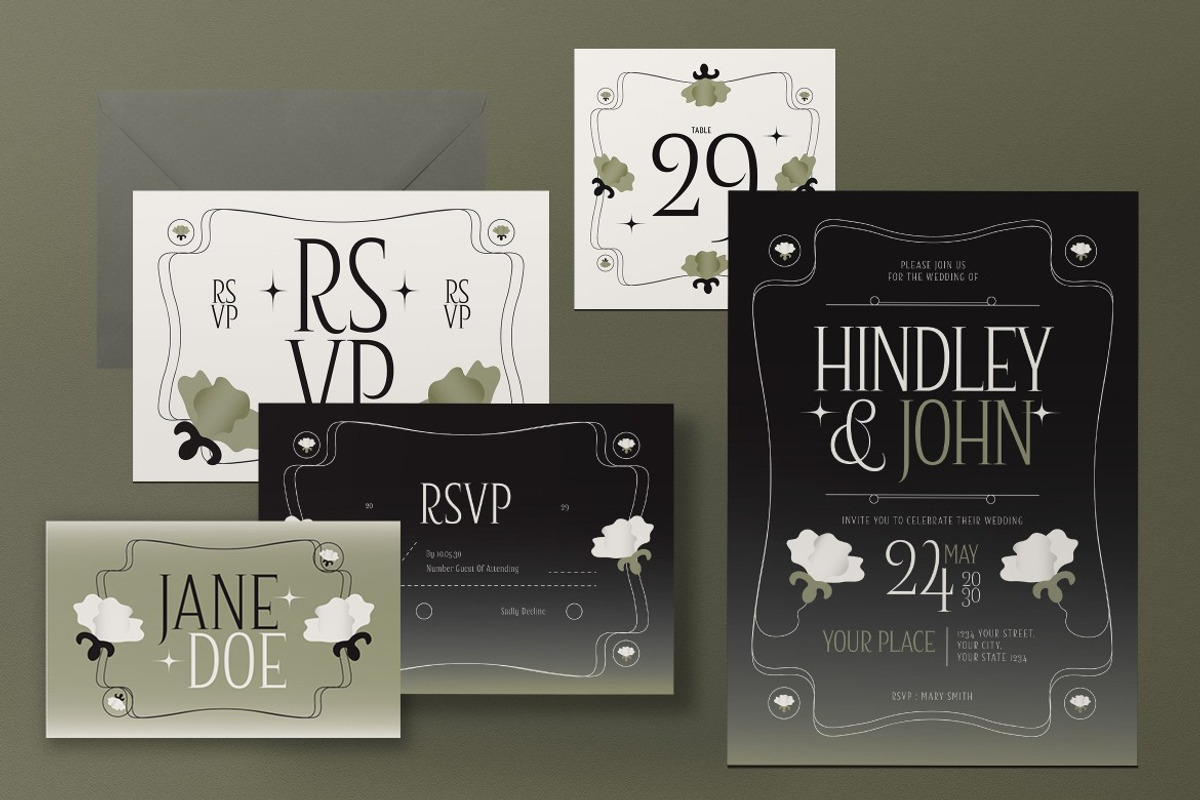 Black Green Wedding Invitation Set, a Card Template by graphicook (Photo 3 of 3)