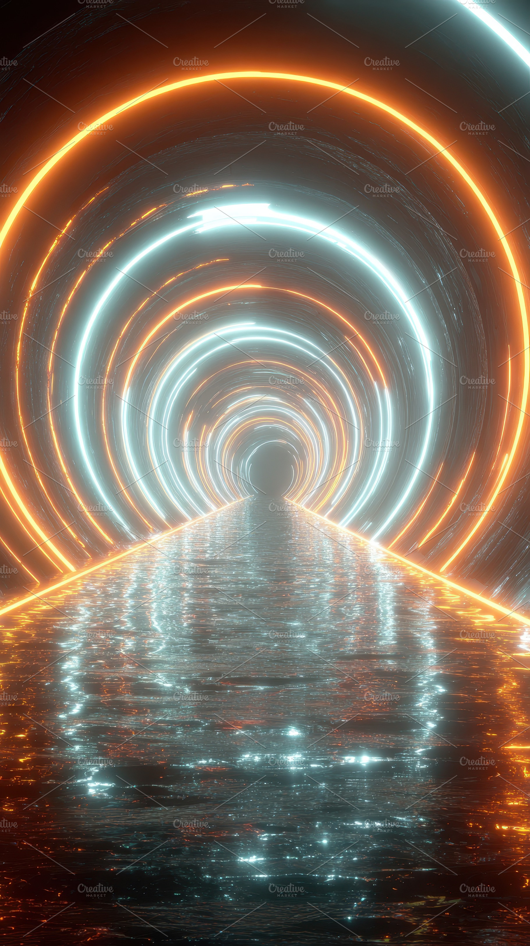Neon Tunnel Reflective Water Abstrac, an Abstract Photo by Pixeness Studio