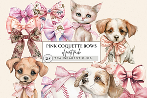 PINK COQUETTE BOWS AND DOGS CLIPART, an Animal Illustration by Daring Digies