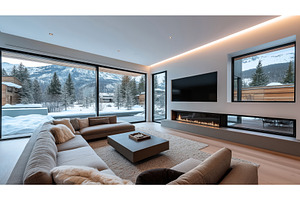 Modern living room with large, an Abstract Photo by Sergey Kotenev