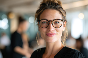 Stylish woman with minimal makeup smiles warmly in a trendy cafe setting during, a Person Photo by AlyaAnd