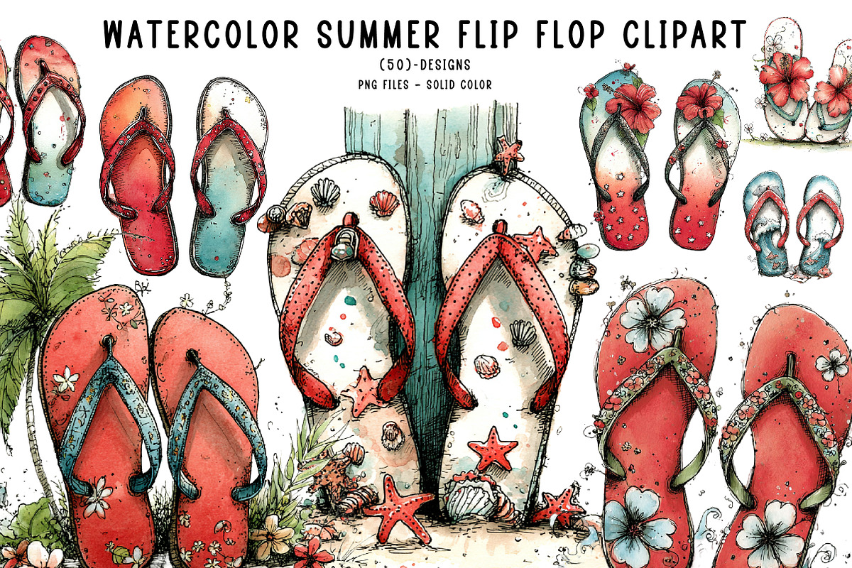 Watercolor Summer Flip Flop Clipart, an Illustration by CreationArt (Photo 1 of 7)